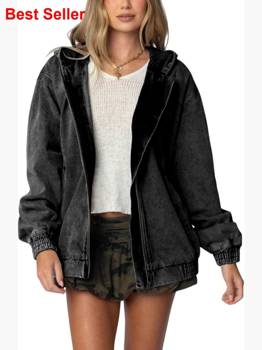 Hooded Denim Jacket Zip Up Jean Hoodie Trench Coat Casual Loose Bomber Jacket